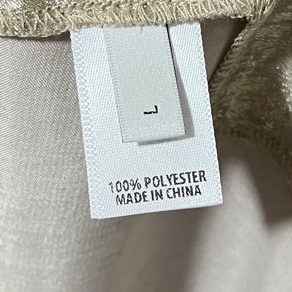 St. John Metallic Champagne V Neck Gown Size L Side Slit Luxe Maxi Dress - FLAWS - Picture 10 of 12